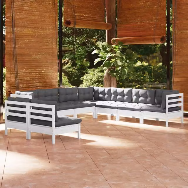 Set Divani da Giardino 9 pz con Cuscini Bianchi Legno di Pino 3096828