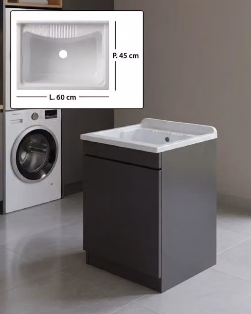 Mobile Lavatoio in legno Nobilitato Grigio con uno sportello e pilozzo lavabo in resina x lavanderia bagno Dimensioni (Larghezza x Profondità): L 60 x P 45 cm