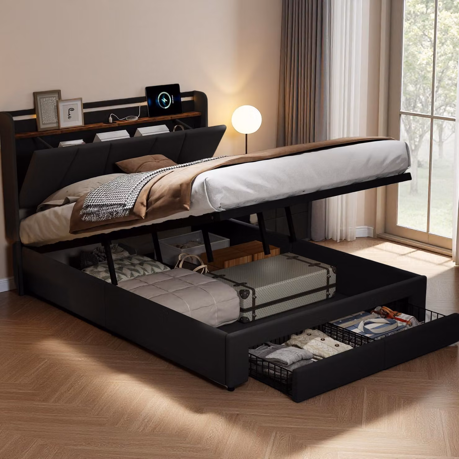 UnboxG Letto imbottito matrimoniale 140x200 cm, letto idraulico 160x200 con rete e doghe, testata con vano contenitore con LED e stazione di ricarica USB, letto contenitore funzionale in legno massiccio e lino, nero