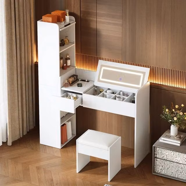 Tavolo da Trucco con Specchio LED ¨C Minimal ¨C Bianco con Cassetto e Sgabello