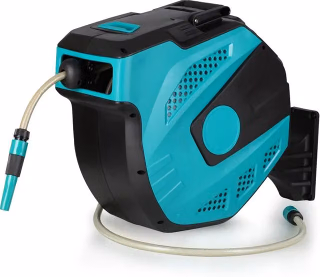 Avvolgitubo da giardino automatico a parete HELLOSHOP26 in PVC verde, nero e turchese, design moderno ed ergonomico