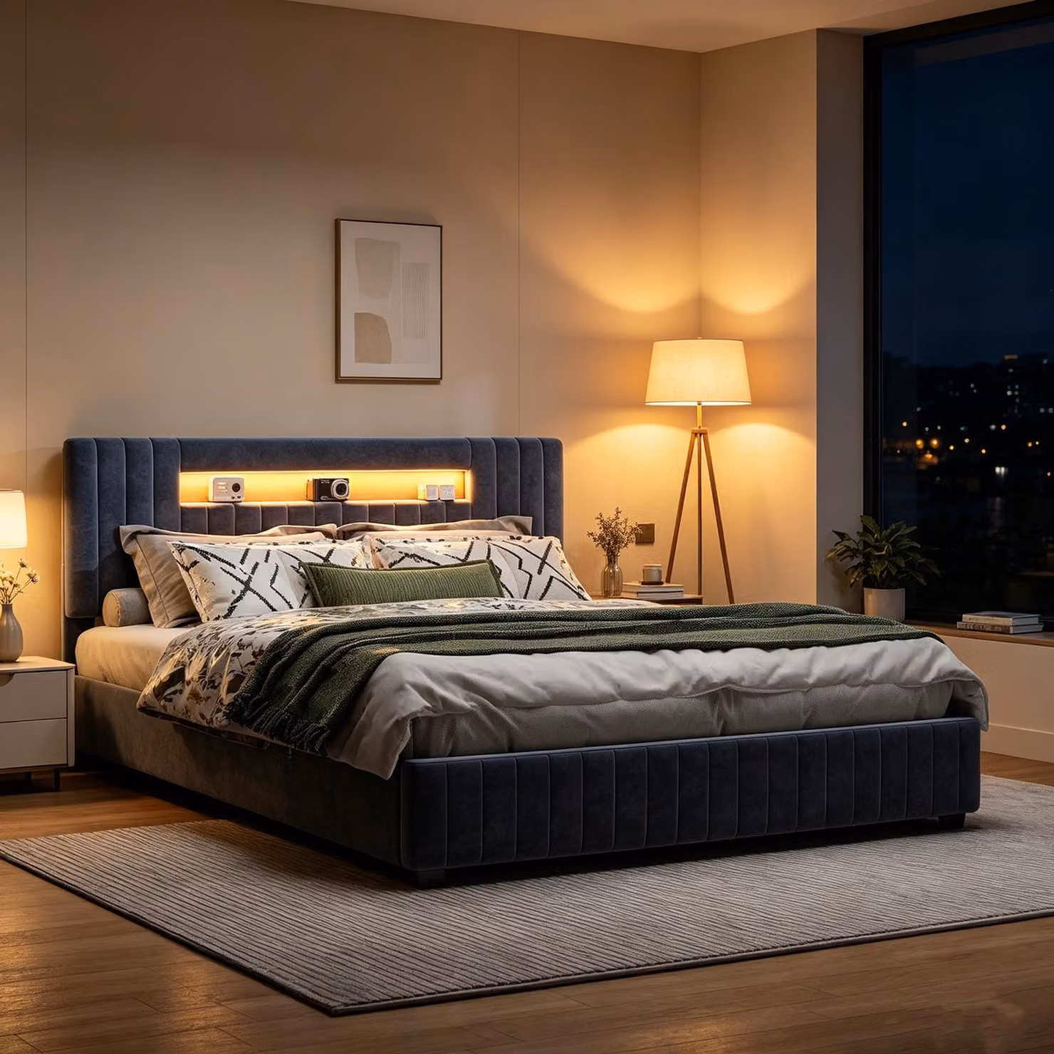 Letto matrimoniale con boxspring, imbottito, 140x200 cm, con testiera LED, letto a due piazze con spazio contenitore e rete a doghe, struttura letto idraulica con spazio contenitore, in velluto, colore grigio