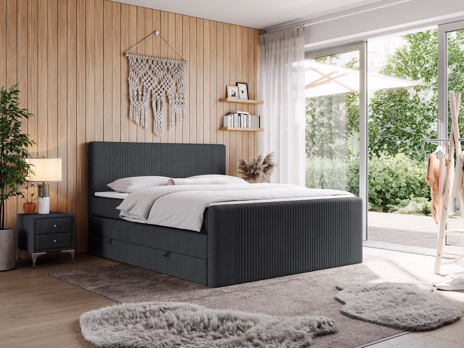 Letto boxspring, letto matrimoniale con materasso a tasche multiple e due contenitori - KING DOREN - 120x200 cm - Grigio scuro - H3