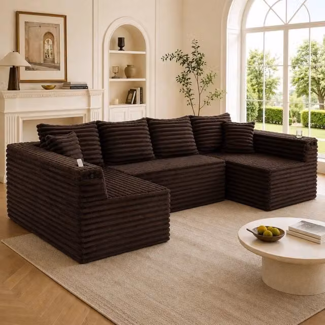 Divano angolare a U MINIMAL in velluto a coste marrone con portabicchieri e cuscini ergonomici