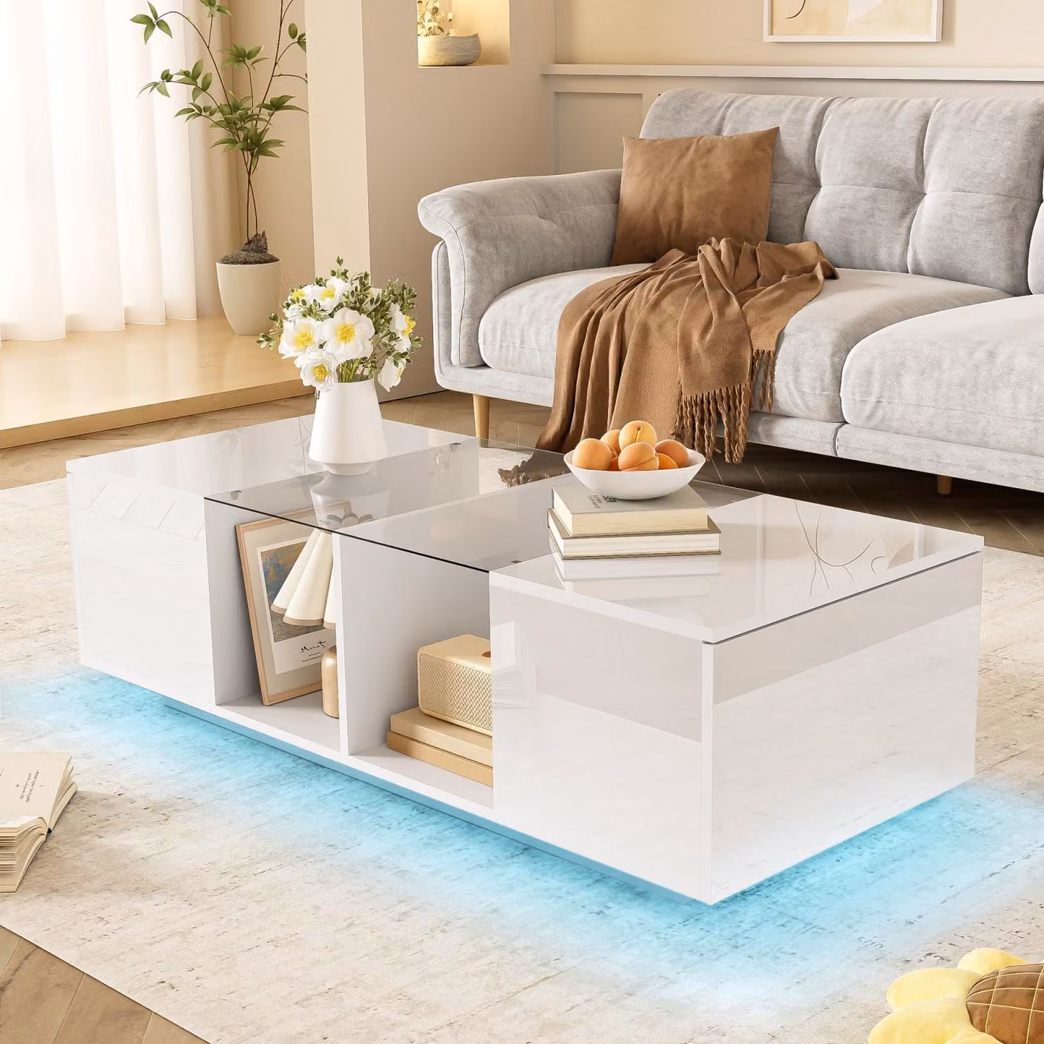 Tavolino moderno con illuminazione a LED, superficie lucida, 120 x 50 x 38,5 cm, bianco