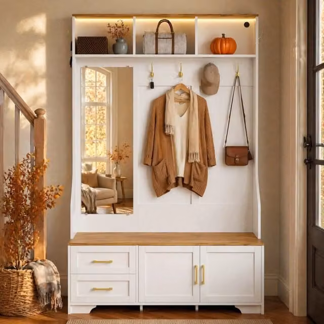 Armadio da ingresso moderno REDOM in MDF bianco e marrone con illuminazione LED, specchio e ganci, L/P/H: 120 x 40 x 187 cm