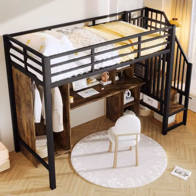 Letto a soppalco singolo 90 × 200 cm con armadio, scrivania e gradini contenitore, senza materasso, nero