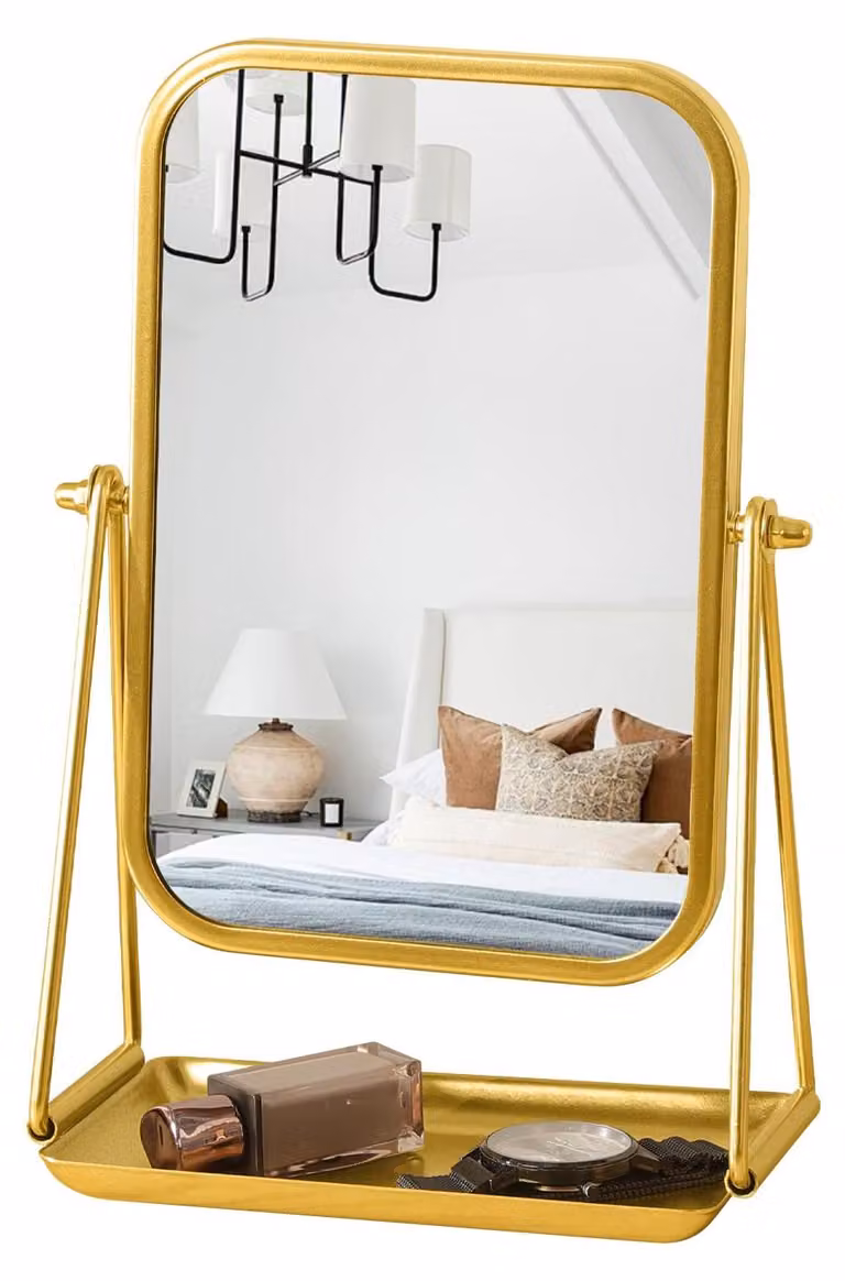 Specchio da trucco rettangolare, con cornice in metallo, dotato di spazio per riporre oggetti, girevole a 360°, portatile, ideale per i viaggi