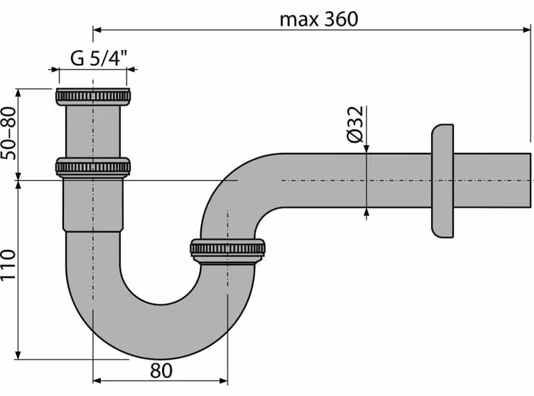 alcadrain Röhrengeruchverschluss „U“ für die Waschbecken DN32 mit einer Überwurfmutter 5/4", Metall