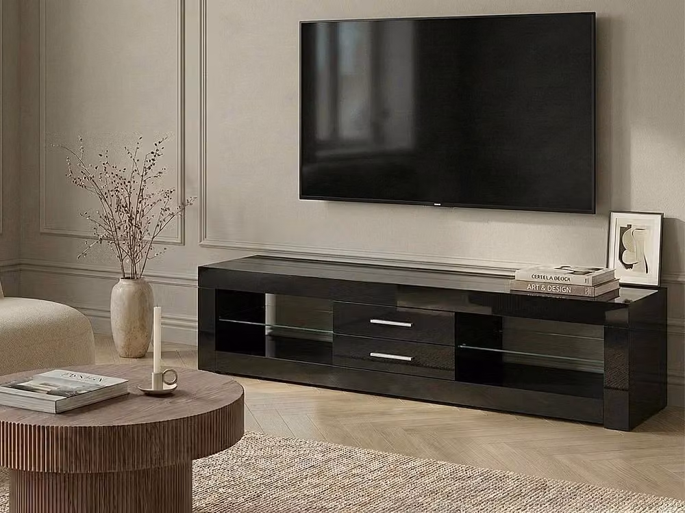 Mobile TV BELIANI nero stile moderno con ante in vetro e MDF, L: 150 cm, P: 40 cm, H: 35 cm – 2