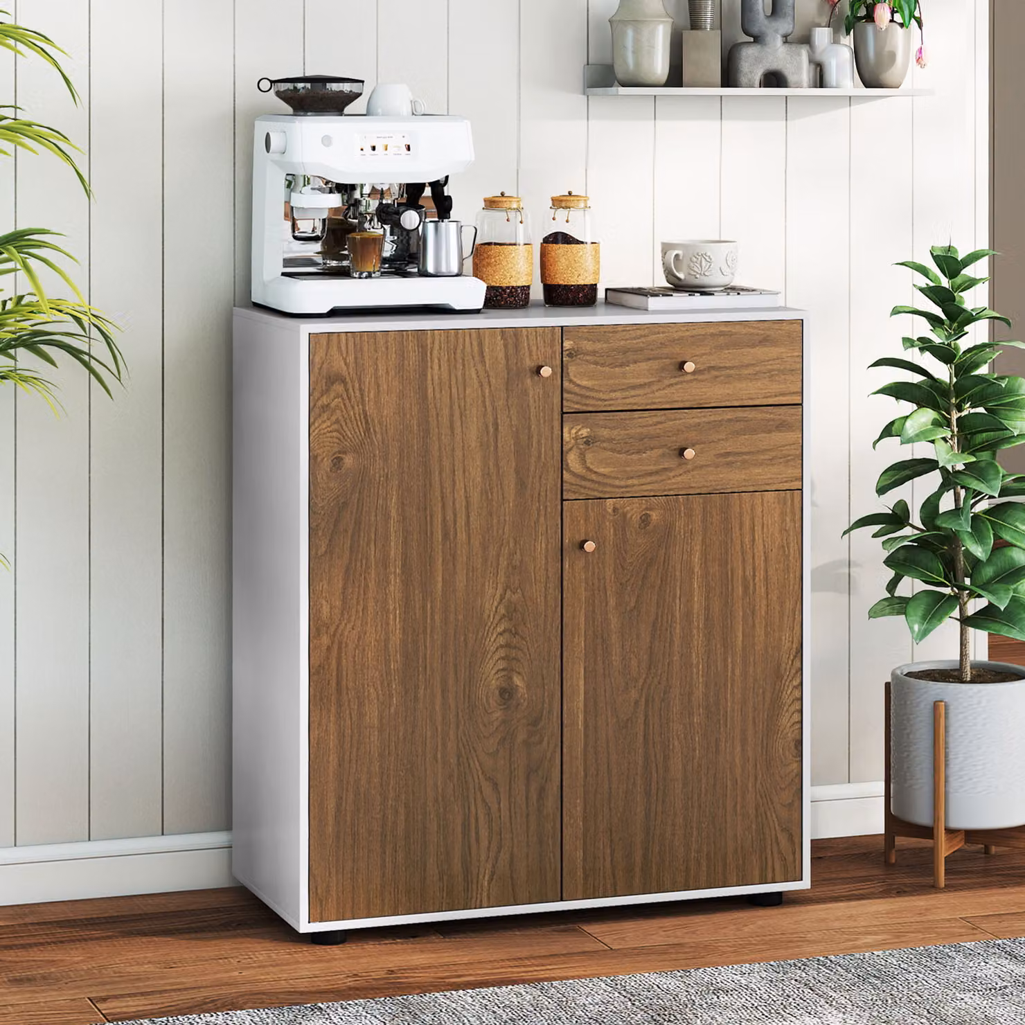 Credenza buffet Costway marrone con 2 cassetti, 2 ante e ripiani regolabili per cucina, soggiorno o ingresso