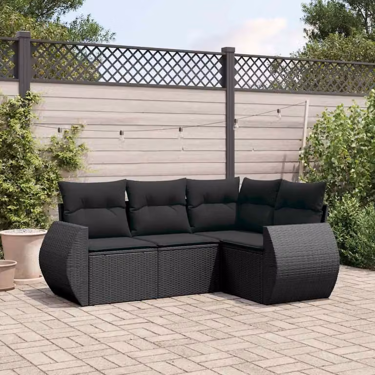 Set di divani da giardino vidaXL a forma di L composto da 4 pezzi con cuscini neri in polyrattan e struttura in acciaio rivestito in polvere
