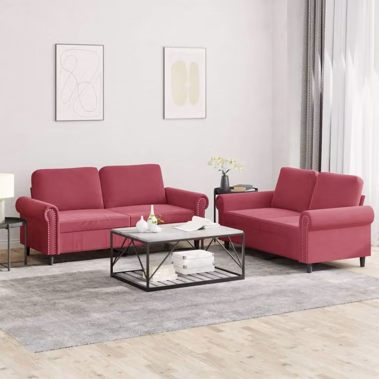 Set di 2 divani vidaXL in velluto rosso con cuscini per soggiorno in stile moderno
