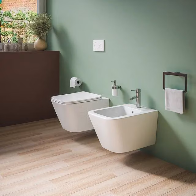 Coppia sanitari in ceramica sospesi vaso rimless, bidet e copri-wc bianco opaco | Kyoto