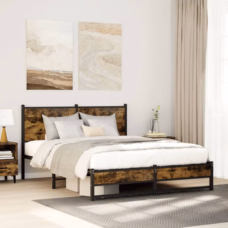 Giroletto in metallo vidaXL senza materasso, colore rovere fumo, L: 142 cm, P: 196 cm, H: 91,5 cm