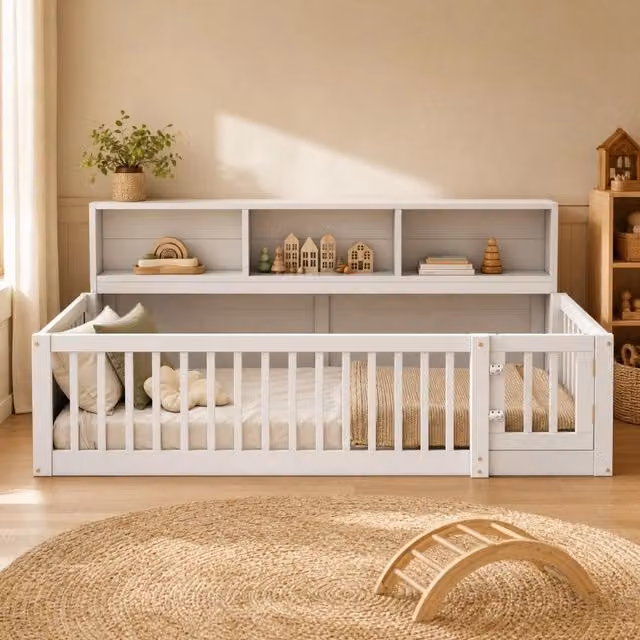 Letto singolo per bambini 90 × 200 cm con rete a doghe legno di pino e MDF bianco con ripiani laterali