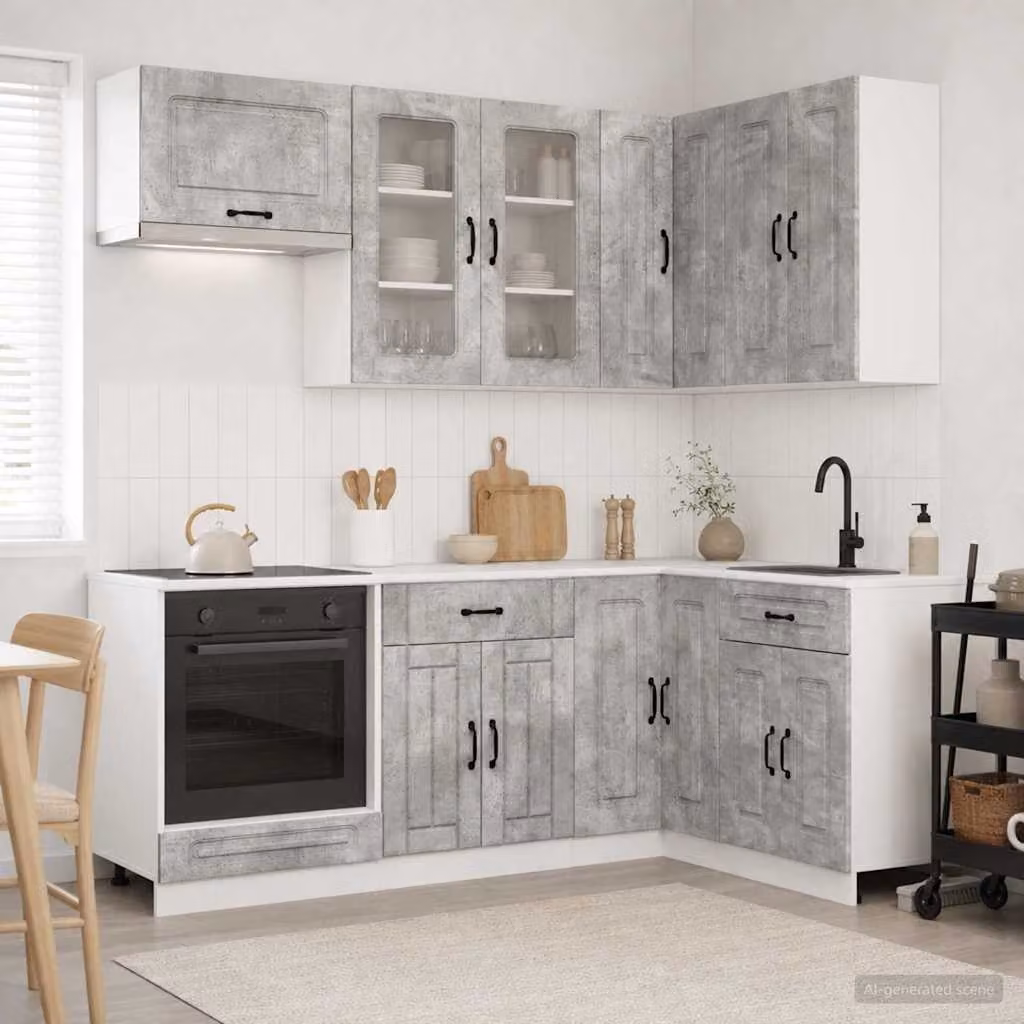 Unità cucina vidaXL KALMAR composta da 8 pezzi in stile minimalista, colore grigio cemento, con ante in vetro e ripiani interni in legno ingegnerizzato