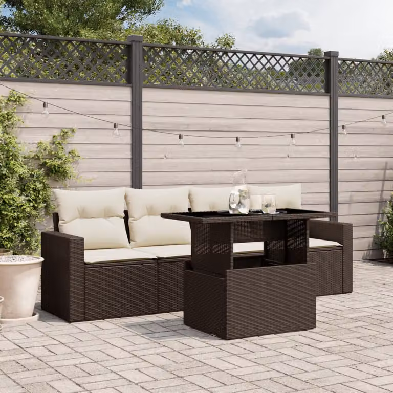 Set Divano da Giardino vidaXL 5 pz in Polyrattan Marrone con Cuscini e Tavolino