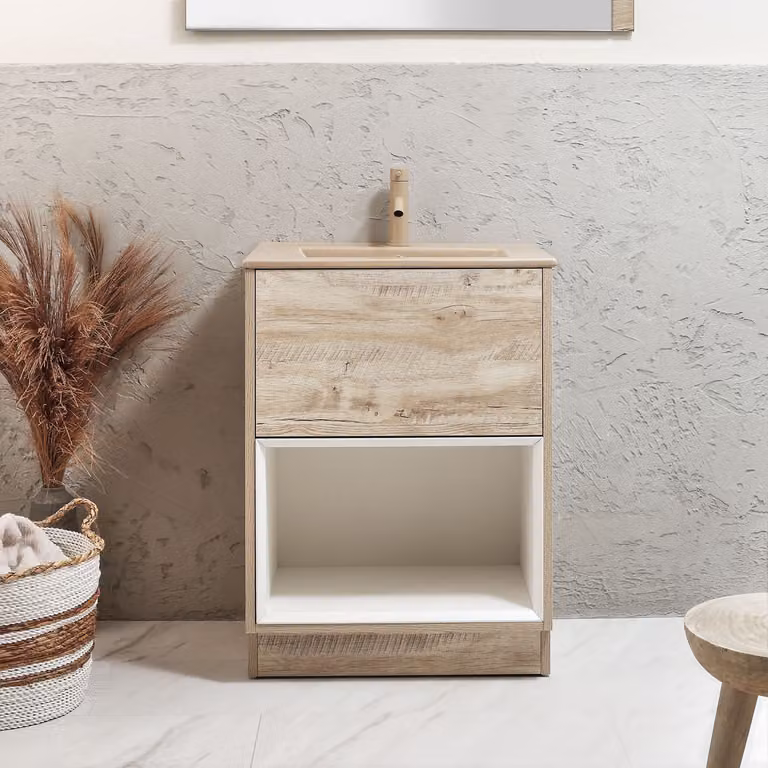 Mobile Bagno con Ripiano Aperto in Rovere Chiaro da 612mm con Lavabo Beige (Sand) e Luci LED - Hoxton