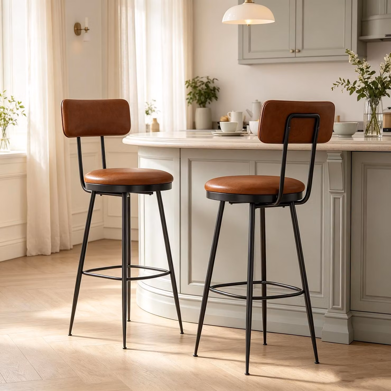 Set di 2 sgabelli da bar INONEFT con schienale, sedie da cucina in stile industriale con poggiapiedi, rivestimento in PU, stile mid-century modern, colore marrone