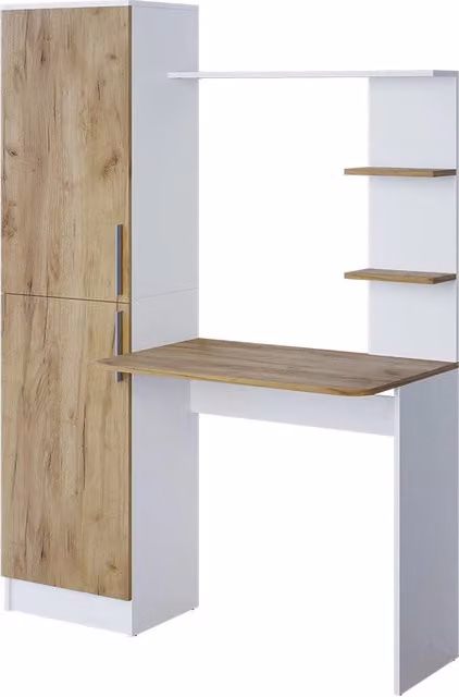 Scrivania moderna con ripiani Vicco, colore bianco e rovere, L: 122.9 cm, P: 52 cm, H: 76.5 cm