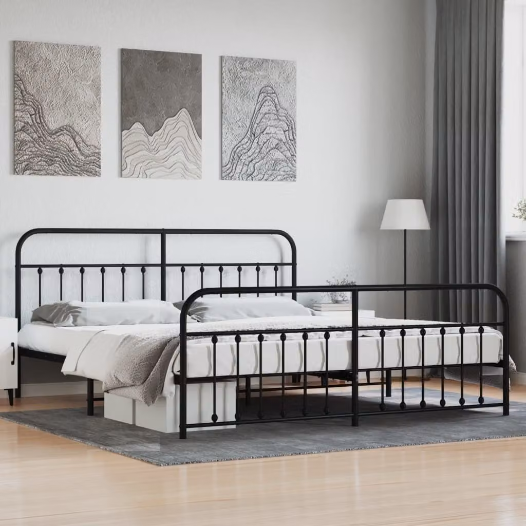 The Living Store Struttura letto con testiera e pediera in metallo nero 193x203 cm