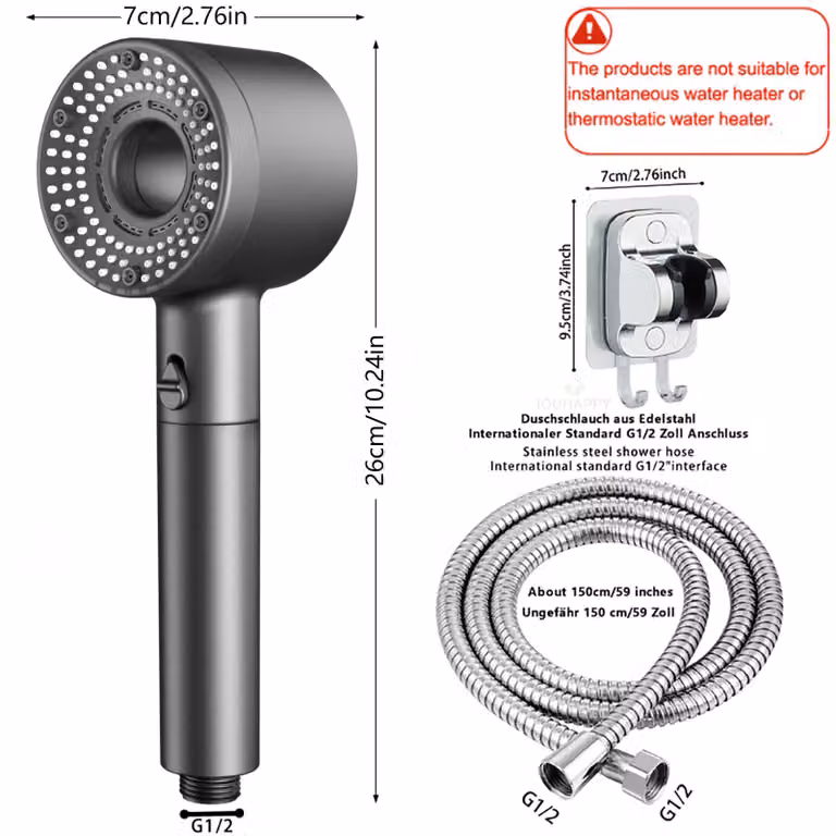 Doccia a mano con tubo flessibile - Set doccia - Forma rotonda - 5 getti - Tubo flessibile da 1,5 metri - Funzione anticalcare - Risparmio idrico - Grigio