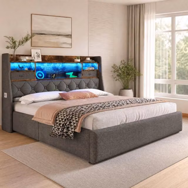 Letto contenitore Mivray in lino grigio con testiera LED, ricarica USB Type-C e rete a doghe L/P/H: 160 x 200 x 116 cm