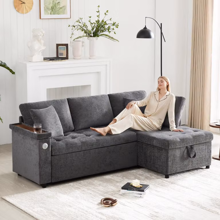 Divano moderno modulare "Fortuna Lai", modello angolare con divano letto estraibile, spazio contenitivo, caricabatterie USB, portabicchieri sull'bracciolo e 2 cuscini, adatto per soggiorni, ecc., colore grigio.