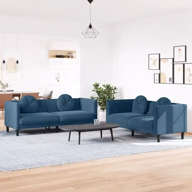 Set di 2 divani moderni vidaXL in velluto blu con cuscini per il tuo soggiorno – 1