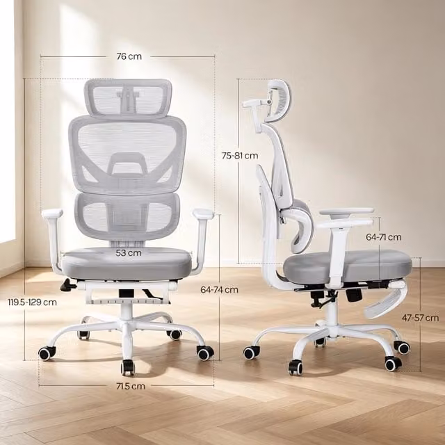 Sedia da ufficio ergonomica girevole con poggiapiedi pieghevole, braccioli 3D e poggiatesta 3D in rete grigia