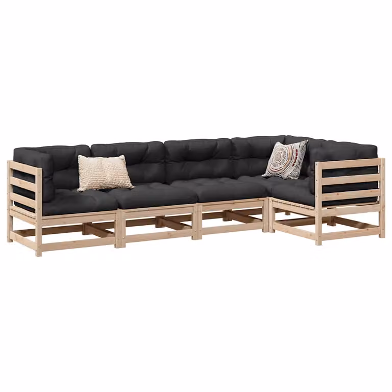 Set di divani da giardino vidaXL a forma di L composto da 5 pezzi in legno di pino con cuscini inclusi, colore marrone e grigio