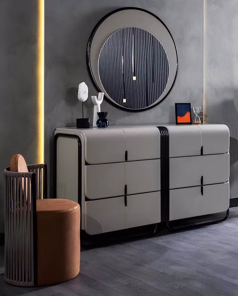 Schlafzimmer Designer Kommode Edler Rundspiegel Holz Möbel 2tlg