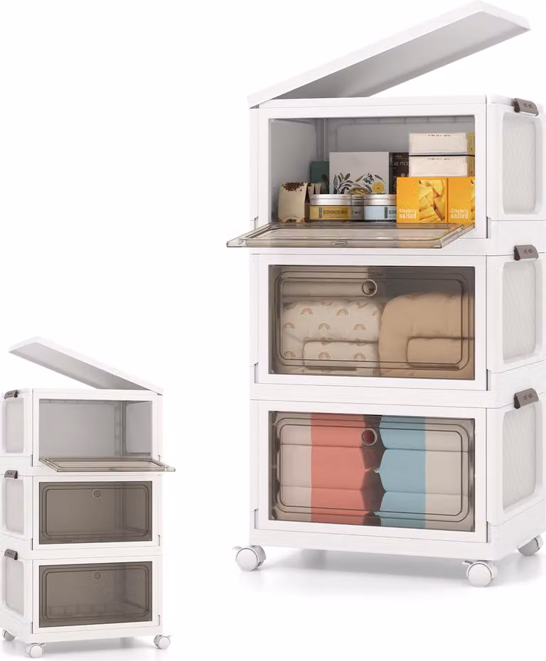 KOMFOTTEU Contenitore pieghevole in plastica, 75/105 l, contenitore impilabile, contenitore con 4 ruote, contenitore organizer con coperchio e 2 aperture, per camera da letto, soggiorno (105 l)