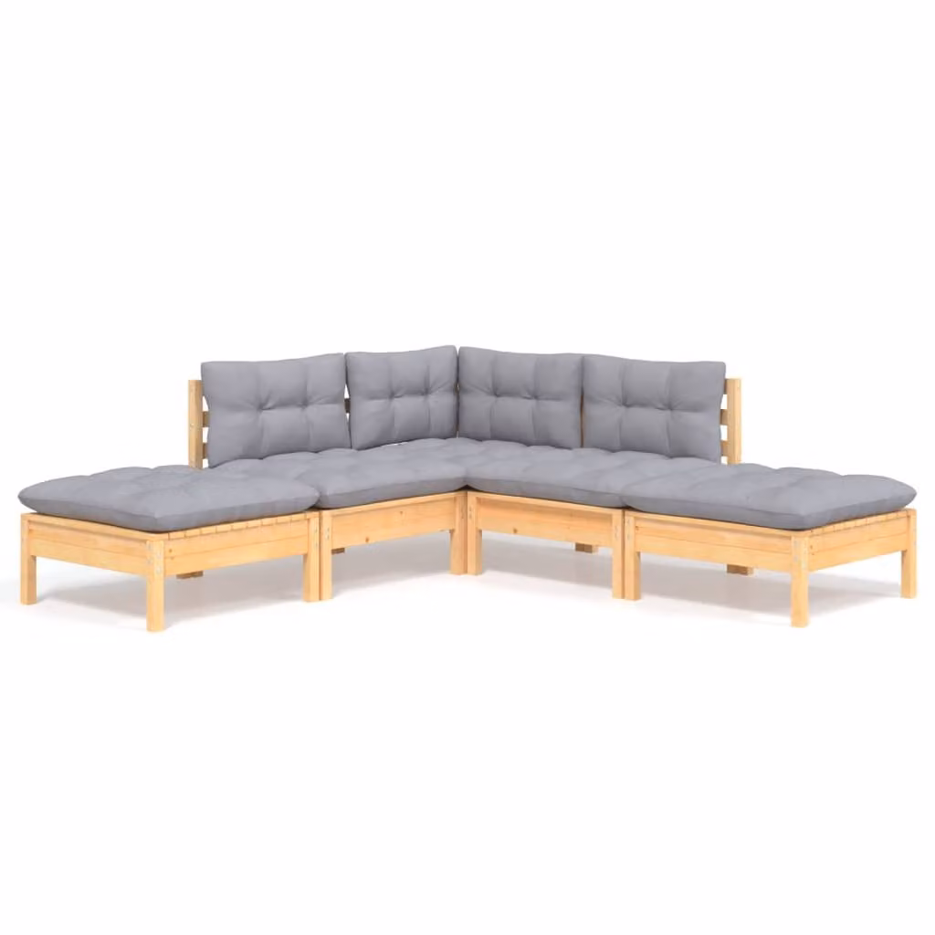 Set Divani da Giardino 5 pz con Cuscini Grigi Massello di Pino