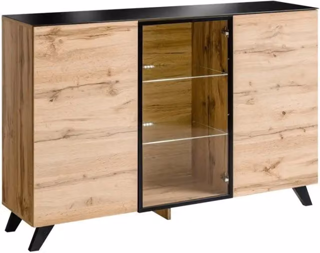 Buffet 3 porte TINO con LED – Rovere chiaro e nero – Stile scandinavo moderno