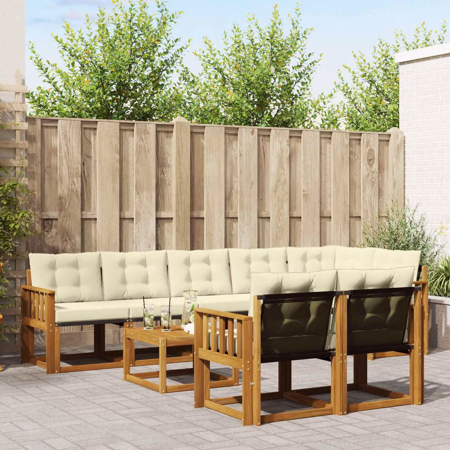 Set di divani da esterno vidaXL 9 pz in legno di acacia e textilene, colore beige e bianco, con cuscini inclusi per giardino e terrazza