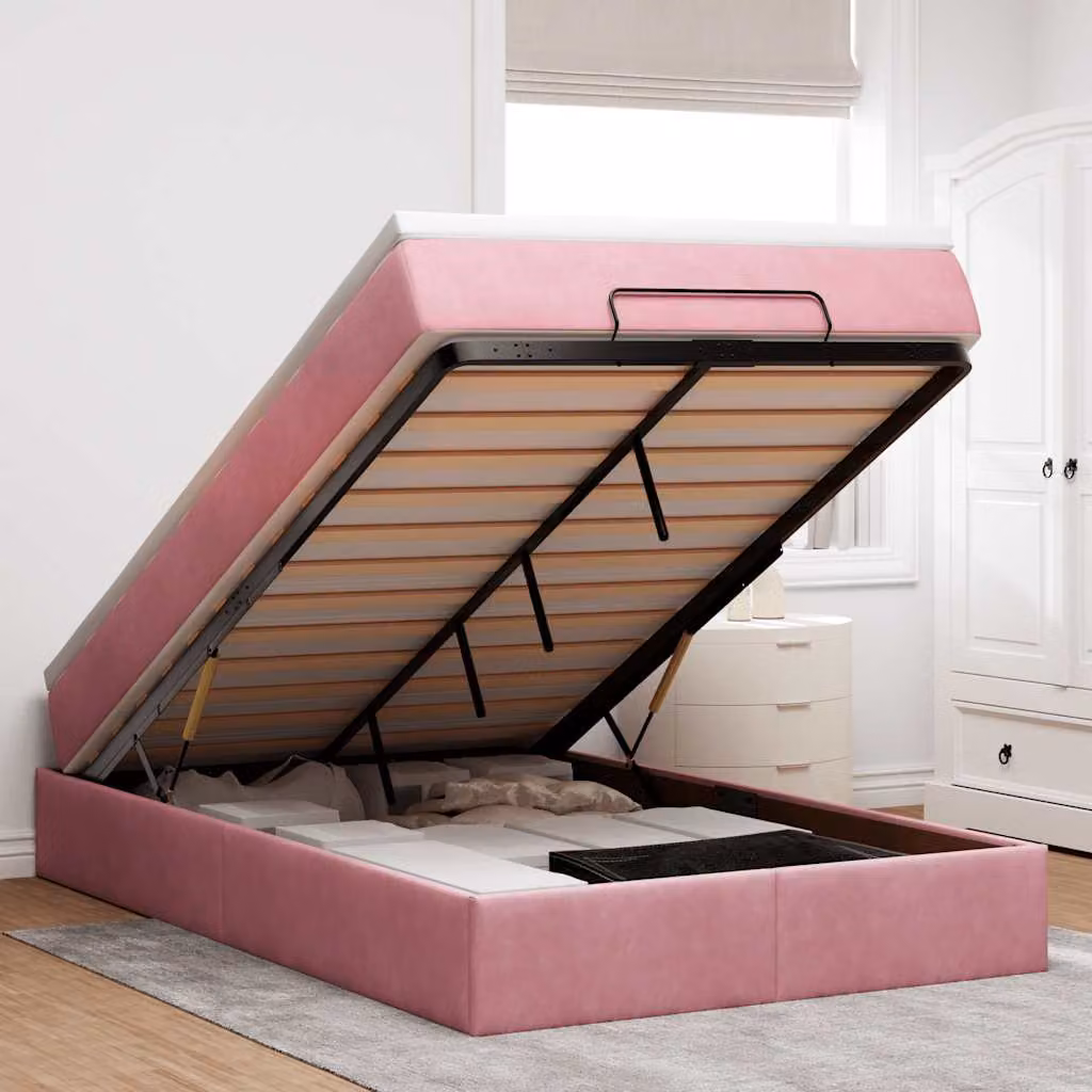 vidaXL Struttura Letto con Materasso e Base Contenitore in Velluto Rosa e Bianco, L/P/H: 200 x 120 x 23,5 cm – 1