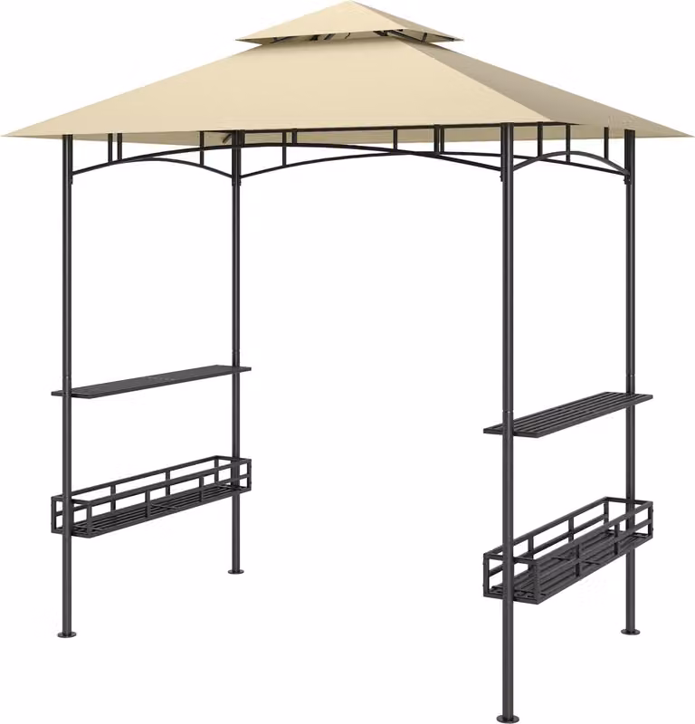 Gazebo per barbecue 240 x 150 x 257 cm padiglione da giardino ignifugo impermeabile con doppio tetto, ripiani laterali, gazebo con protezione UV, padiglione per barbecue in acciaio, tenda per barbecue per feste barbecue, beige