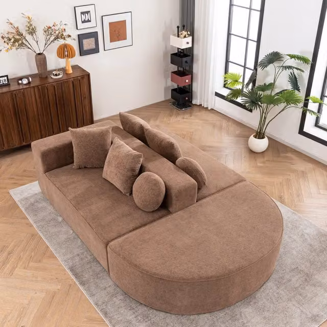 Canapé modulare senza montaggio con funzione letto e cuscini, in ciniglia marrone per soggiorno e relax quotidiano