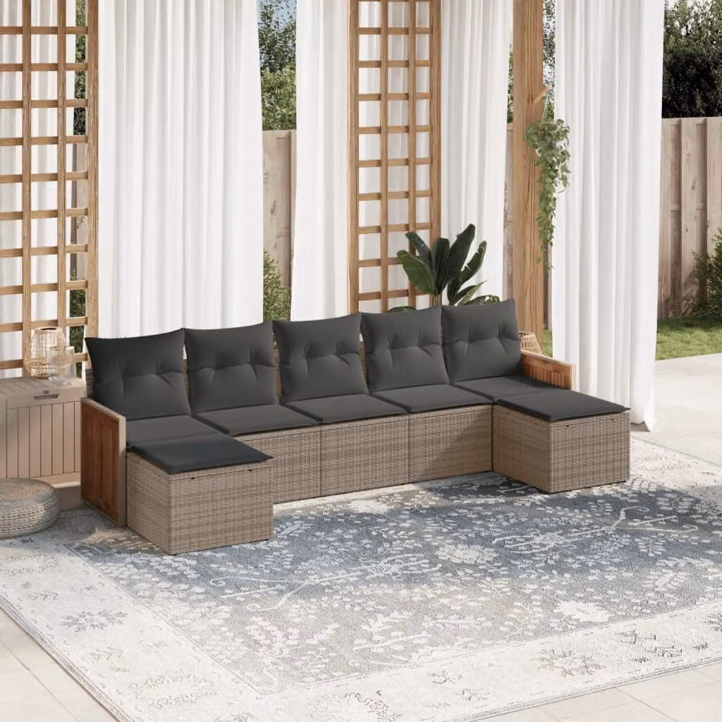 Set di divani da giardino vidaXL in polyrattan grigio con 7 pezzi e cuscini inclusi – 1