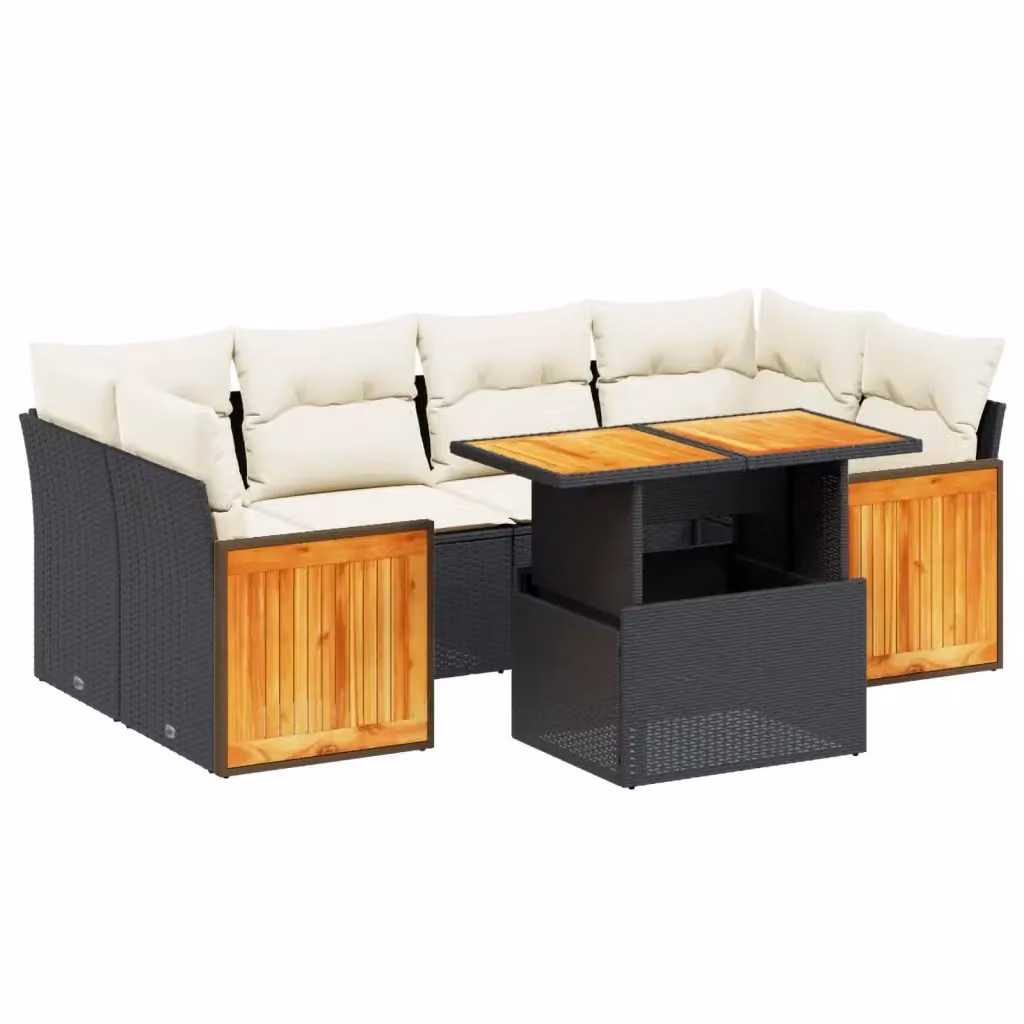 Set di Divani da Giardino a L vidaXL in Polyrattan Nero con 7 Cuscini e Tavolino da Esterno – 2