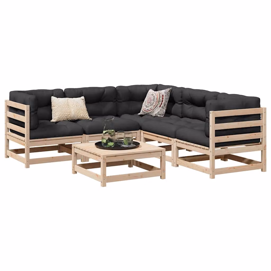 Set di divani da giardino vidaXL in legno di pino con cuscini, composizione a L con elementi angolari, divani a 2 posti e pouf, colore marrone e grigio