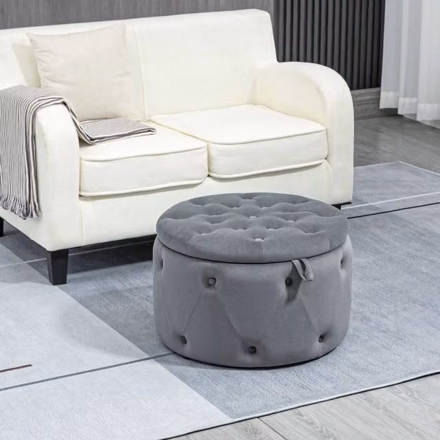 Poggiapiedi contenitore rotondo imbottito con coperchio, effetto velluto in poliestere grigio Ø60×40 cm