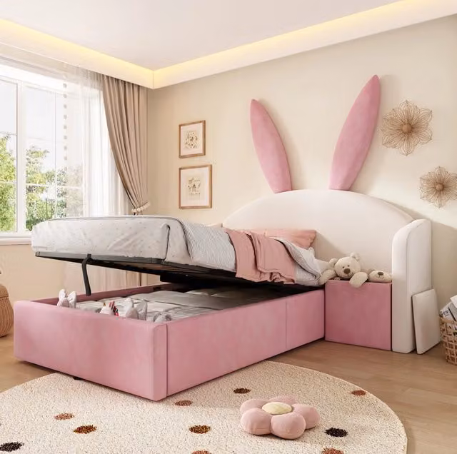 Letto singolo imbottito 90x200 cm beige e rosa con coniglio, vano idraulico e comodino