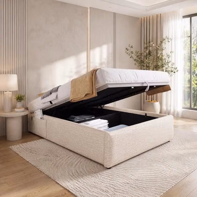 Letto contenitore senza testiera 140x200 cm in lino beige e naturale; con USB e Type-C