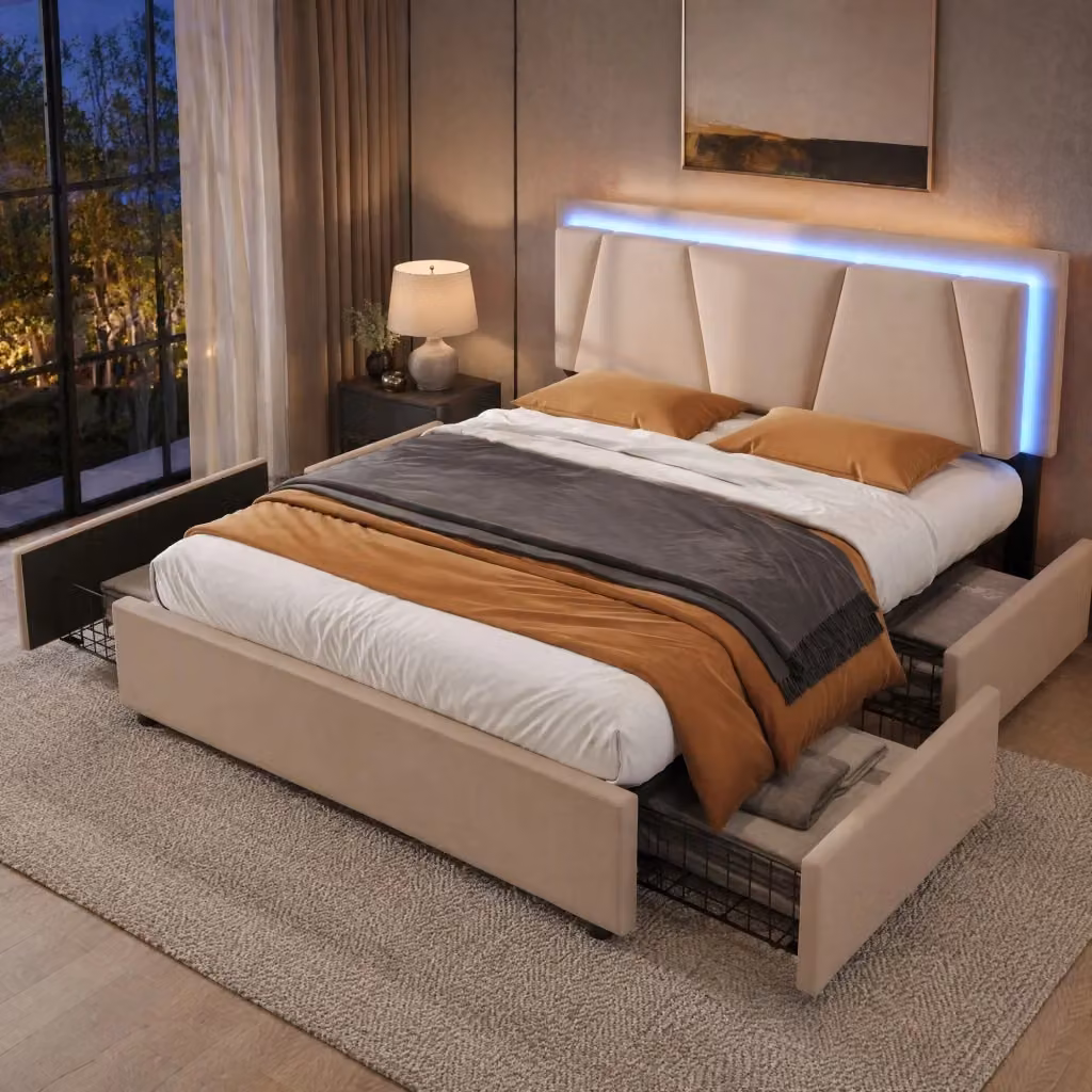 Letto Contenitore REDOM Beige con LED, 4 Cassetti e Materasso Ibrido incluso, L/P: 140 x 200 cm – 2