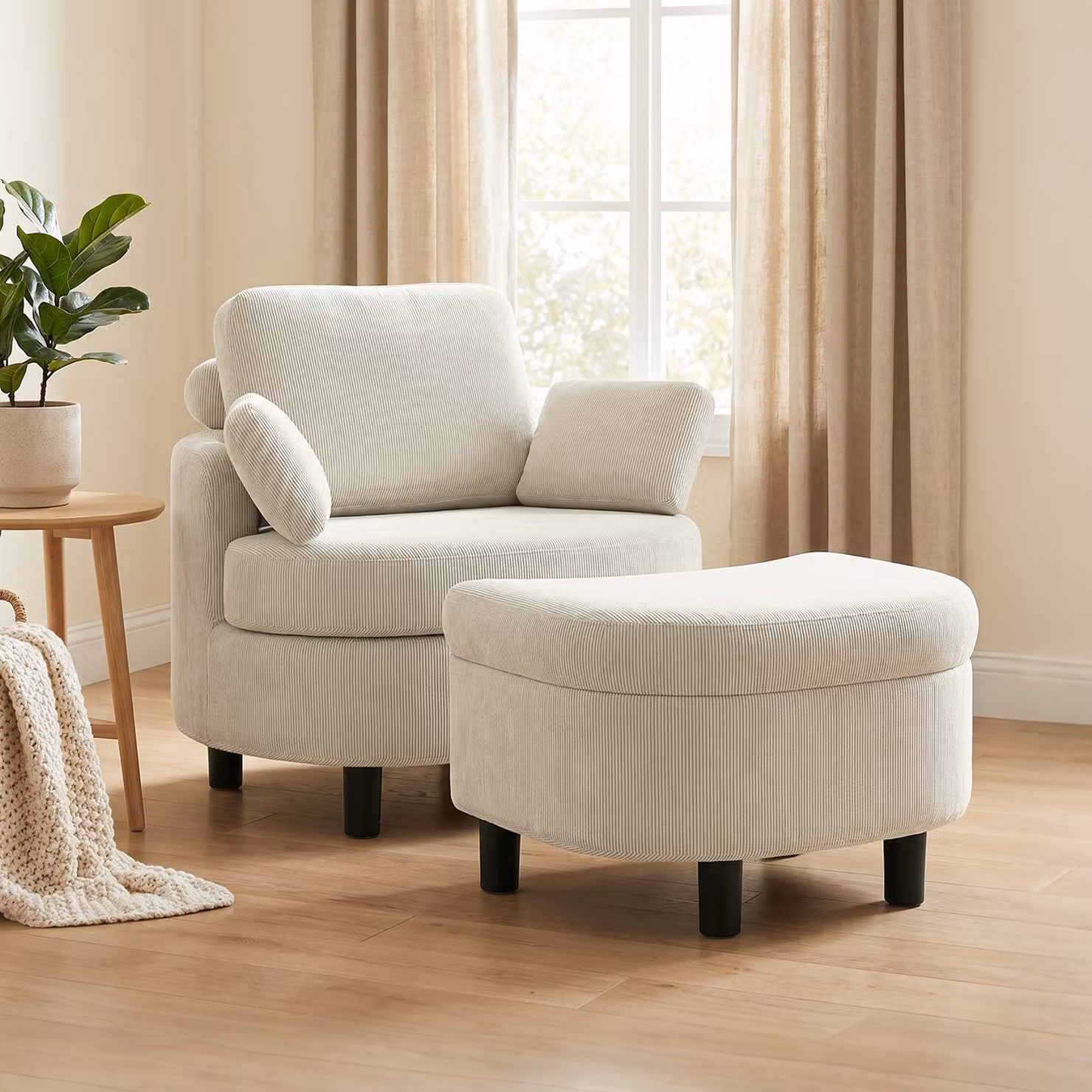 Poltrona HOMCOM con pouf contenitore in velluto a coste e poggiatesta, colore beige – 2