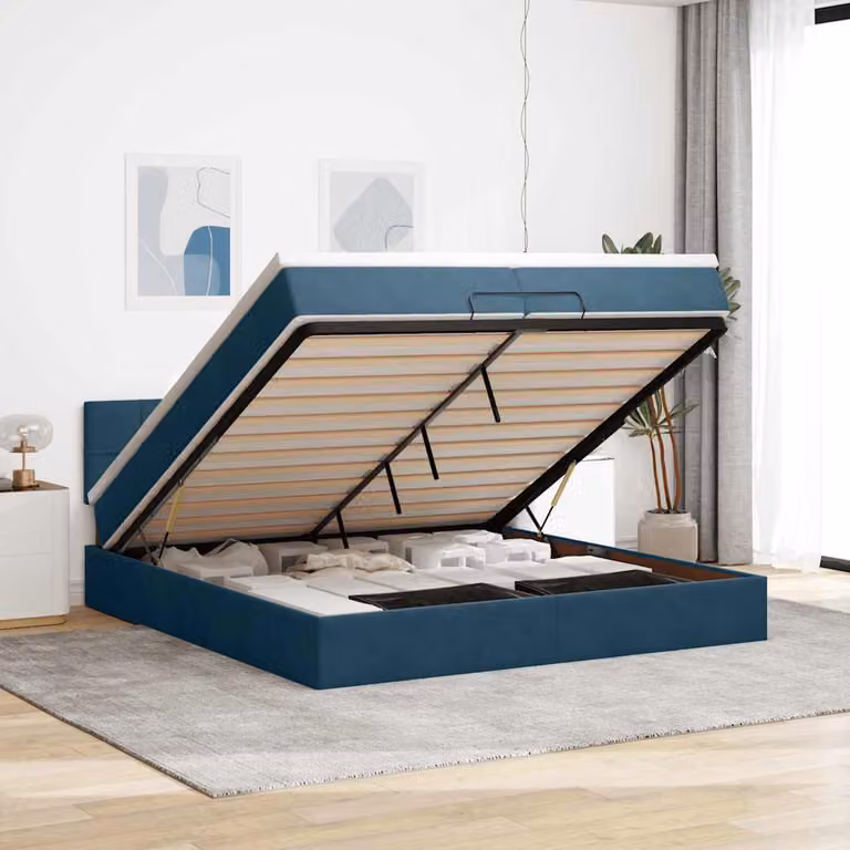 Struttura Letto con Materasso e Contenitore a Sollevamento vidaXL in Velluto Blu e Bianco L/P/H: 203 x 200 x 88 cm