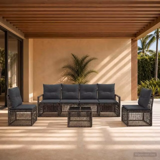 Set da giardino moderno vidaXL composto da 7 pezzi in rattan grigio con divano a 3 posti, poltrone e tavolino da caffè con cuscini inclusi e struttura in acciaio verniciato a polvere